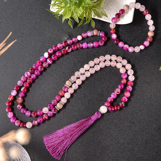 Rhodochrosite Rose Quartz Agate 108 Mala Beads Necklace Bracelet Set